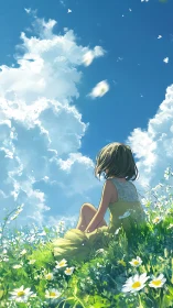 Daydreaming girl stitches quiet wishes into the summer sky