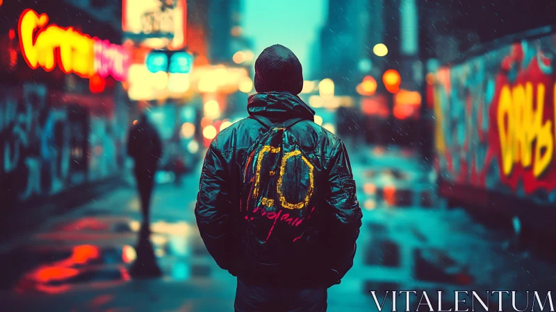 Person in hooded jacket walks alone through neon city street