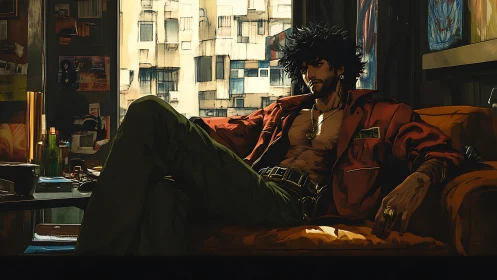 Shirtless man reclines on orange sofa in urban apartment