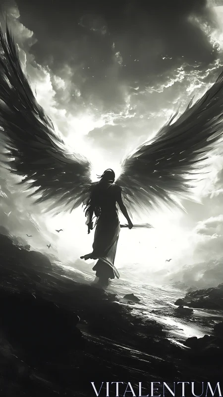 Radiant winged guardian walking through a stormlit horizon.