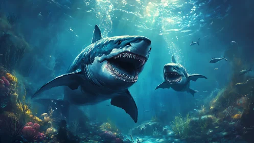 Two great white sharks swim through a sunlit ocean reef