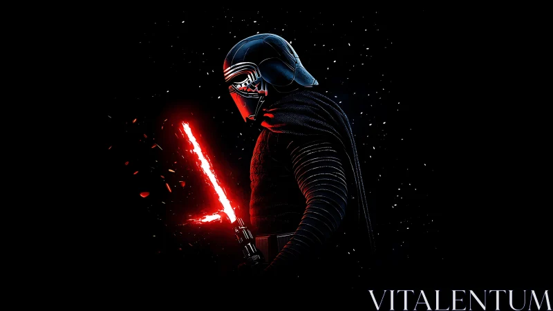 Masked warrior holds glowing red energy sword in darkness