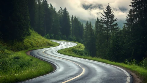 Winding Mountain Road Through Alpine Forests.