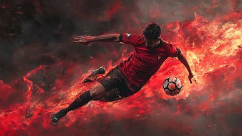 Soccer player in mid-air kick framed by stylized fire effects