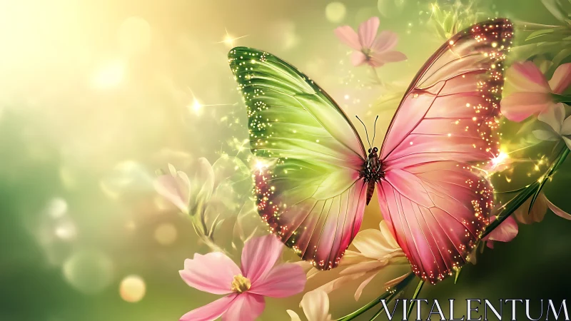 Bioluminescent butterfly with bokeh glow in pastel garden.