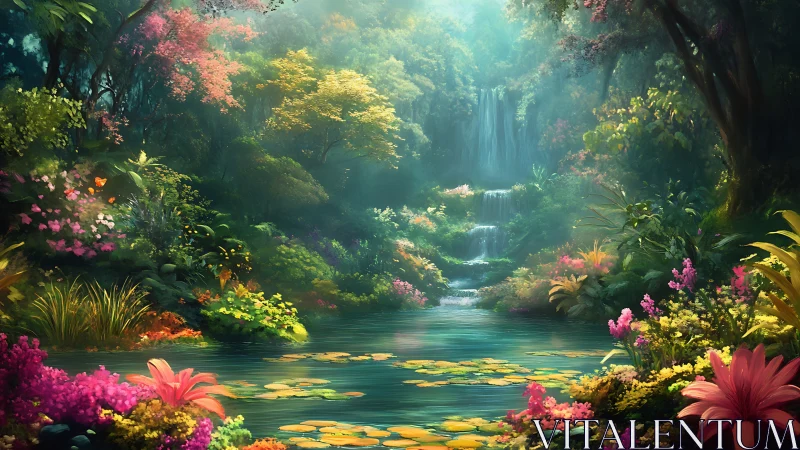 Luminous jungle lagoon with cascading misty waterfalls.