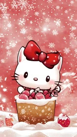 Cartoon white kitten in dessert cup under red snow scene