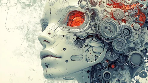 Clockwork dreams ignite behind the porcelain android gaze