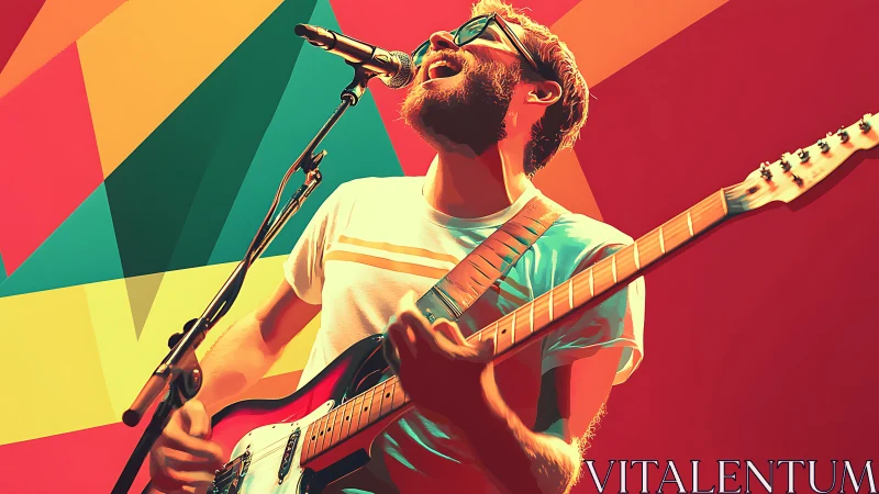 Bold pop-art guitarist captured mid-performance in neon hues