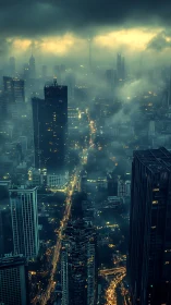 Futuristic megacity skyline in dense teal fog at dusk