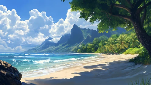 Tropical Beach with Volcanic Mountain Peak.