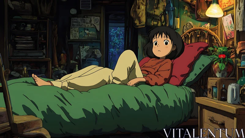 Girl lies on green bed in cluttered wooden interior room