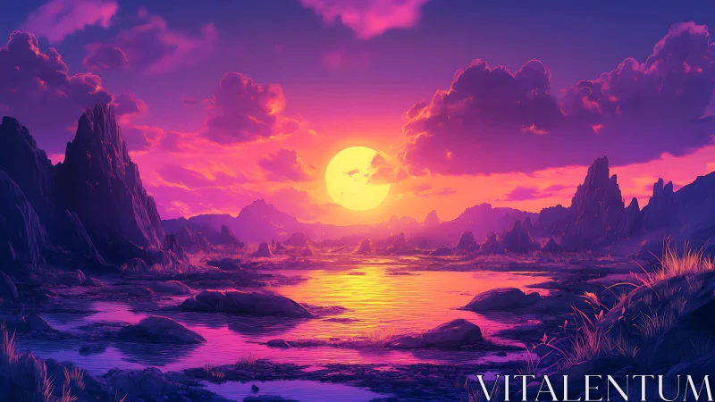 Dreamy violet sunrise over a tranquil fantasy shoreline.