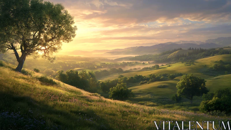 Sunlit valley vista with rolling hills and solitary tree.
