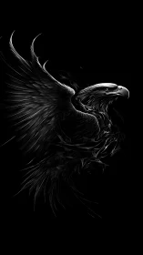 Monochrome eagle illustration with dramatic shadow rendering.