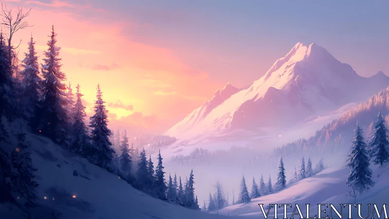 Snow covered conifer forest and distant mountain range at dawn.