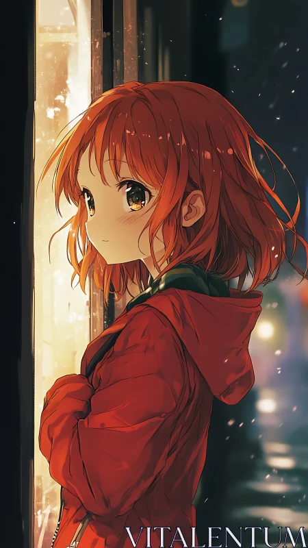 Anime girl in red coat by glowing city window at night.