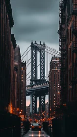 City twilight gently frames a grand urban steel bridge