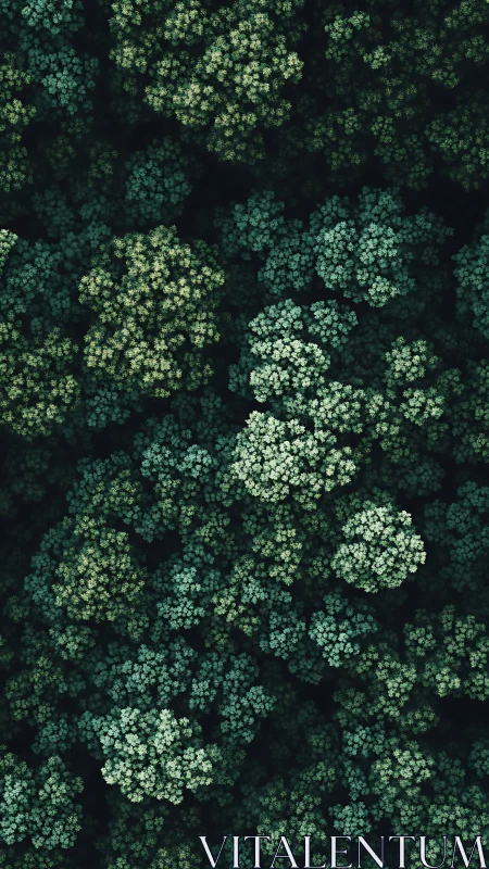 Aerial Forest Canopy with White Wildflowers in Dark Green