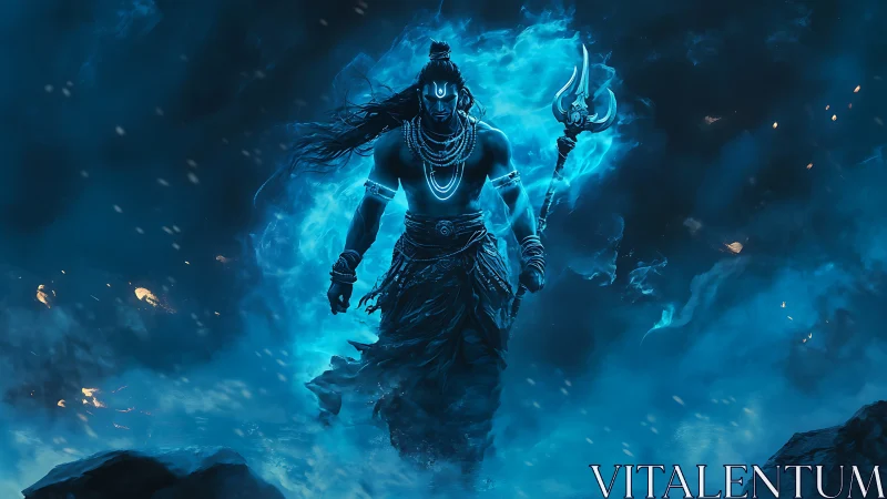 Divine warrior strides through blue cosmic storm aura.