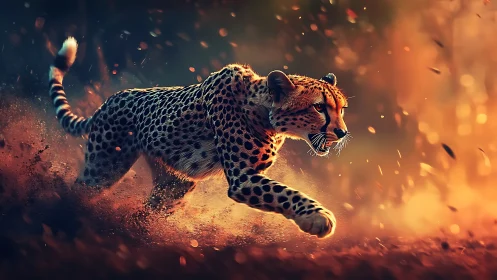 High-speed cheetah sprint rendered with dynamic particle effects