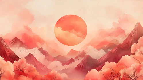 Soft crimson mountains glow beneath a dreamy rising sun