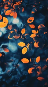 Glowing orange leaves against deep teal forest bokeh.