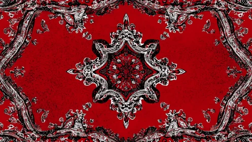 Radial paisley mandala with high-contrast red and distressed edging
