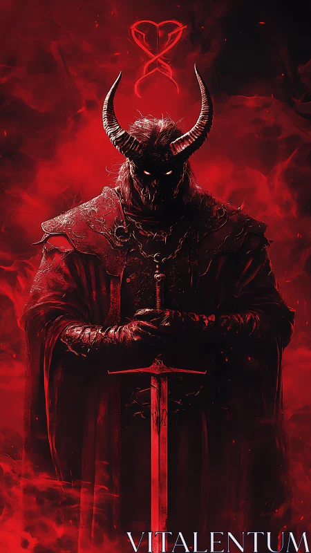 Horned demonic knight rendered in monochrome red with ritual sword