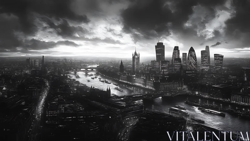 Monochrome aerial panorama studies dramatic London skyline light
