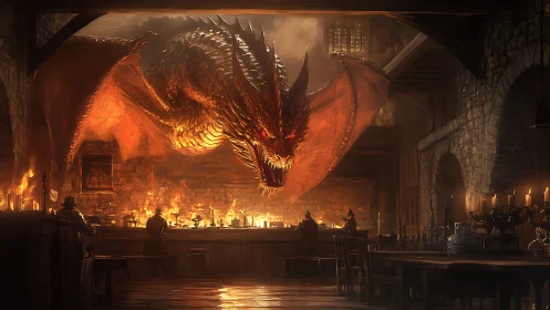 Infernal dragon erupts inside medieval stone tavern interior