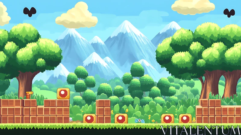 Stylized 2D Video Game Environment with Snow-Capped Mountains and Brick Platforms.