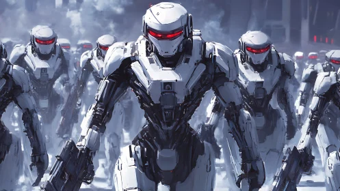 Paramilitary white combat android battalion with red visor optics