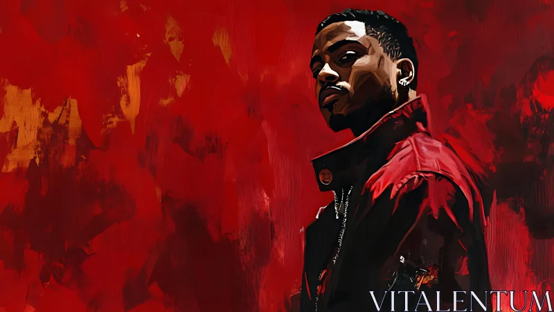 Confident man in red jacket stands against bold abstract crimson