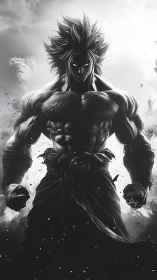 Monochrome hypermuscular anime warrior with storm backlight