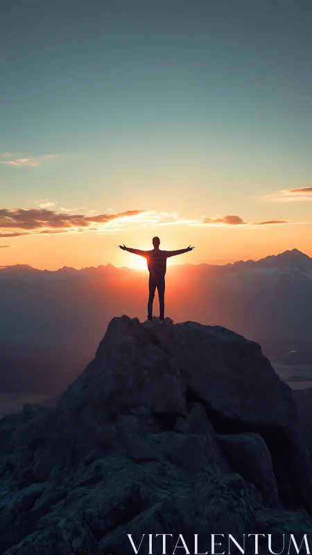 Silhouette on mountain peak at vivid sunset sky glow.