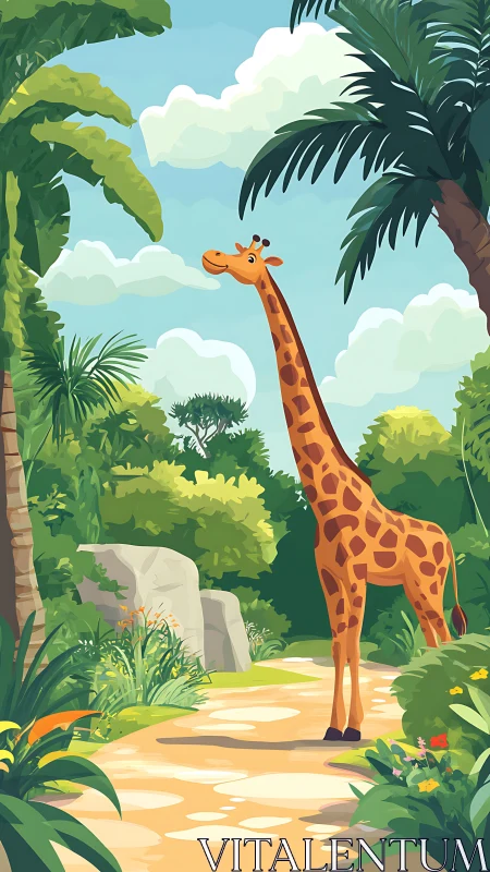 Cartoon giraffe standing on jungle path in bright daylight.