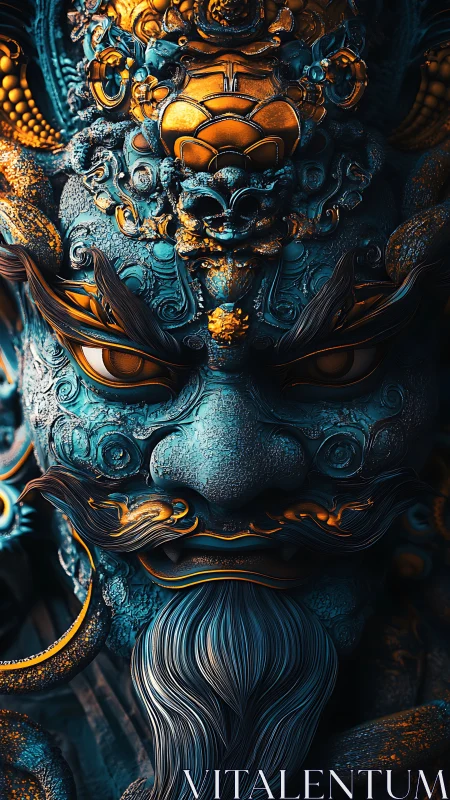 3D baroque guardian mask with teal patina and molten gold highlights.