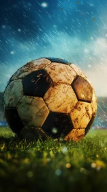 Mud-splattered soccer ball rests on wet grass in rainfall.