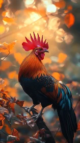 Rooster Perched Against Golden Bokeh.