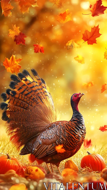 Autumn prince turkey struts amid swirling golden leaves.