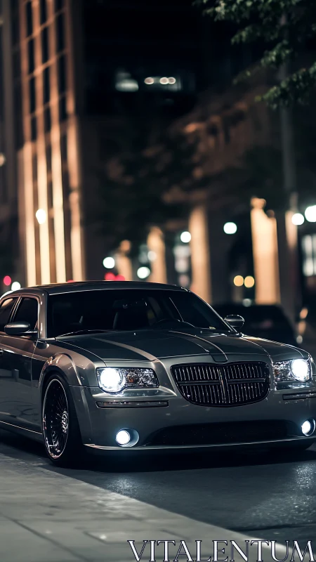 Luxury sedan cruises under city lights at night downtown.