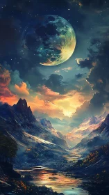 Surreal mountain valley under large glowing planet sky.