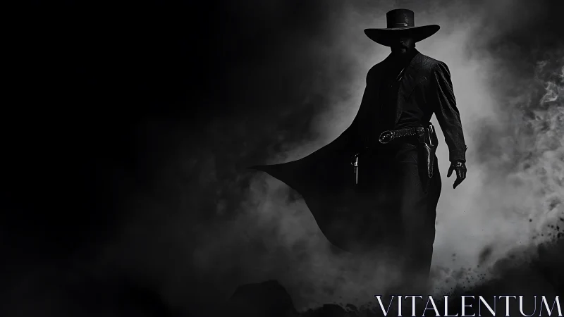 Gun-slinging cowboy silhouette strides through dense cinematic smoke