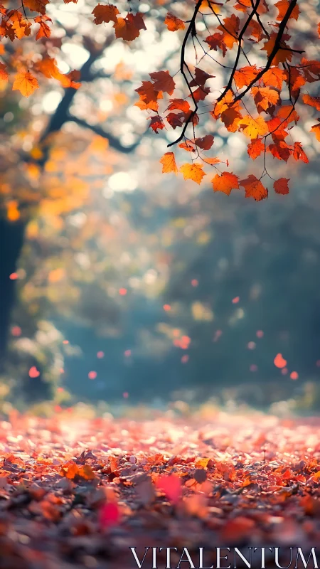 Autumn maple canopy with falling leaves in soft bokeh light.