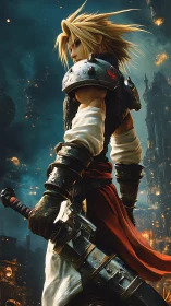 Armored swordsman overlooks dystopian city in dramatic lighting