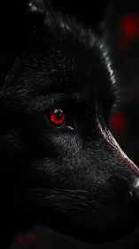Black wolf portrait shows glowing red eye in deep shadow