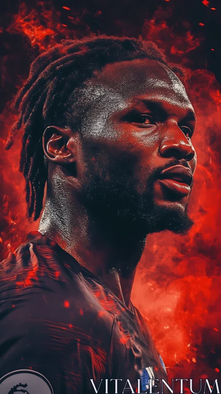 Fiery athletic portrait with dramatic red particle field.