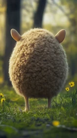 Fluffy spherical sheep rear view in soft forest backlight.