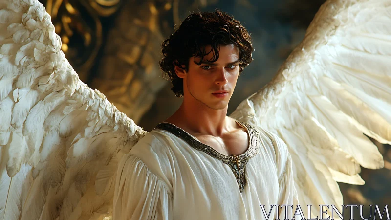 Radiant winged guardian in cinematic golden backlight portrait.